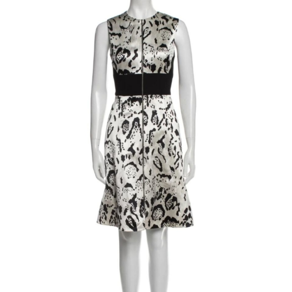 Prabal Gurung Silk Avant Garde Animal Print Zip Detail Dress White 10